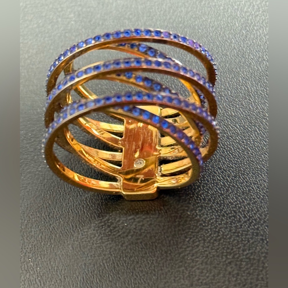 Michael Kors -Gold Tone, Blue Pave Glitz Criss Cross Ring Size 7 - Picture 7 of 8
